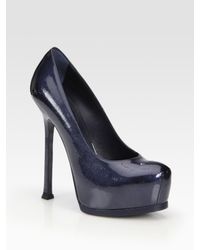 Saint Laurent | Blue Straw-embossed Patent Leather Platform Pumps | Lyst