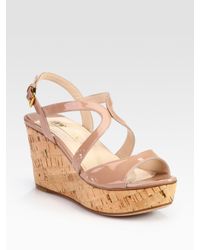 Prada | Natural Patent Leather and Cork Wedge Sandals | Lyst
