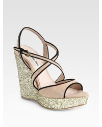 Miu Miu | Pink Glitter and Suede Slingback Wedge Sandals | Lyst
