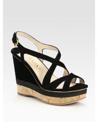 Prada | Black Suede Criss-cross Wedge Sandals | Lyst