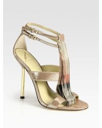 B Brian Atwood | Lenoire Metallic Leather Metal-fringe T-strap Sandals | Lyst