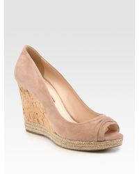 Prada | Natural Suede Peep Toe Cork Wedge Pumps | Lyst