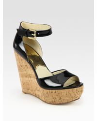 MICHAEL Michael Kors | Black Ariana Patent Leather Cork Wedge Sandals | Lyst