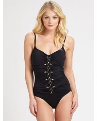 Badgley Mischka | Black One-Piece Lingerie-Strap Swimsuit | Lyst
