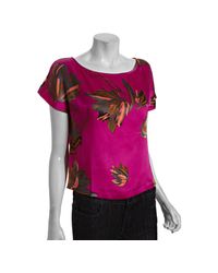 Halston | Pink Fuchsia Floral Silk Short Sleeve Blouse | Lyst