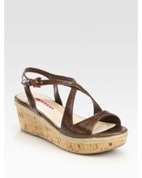 Prada | Brown Criss-Cross Cork Wedge Sandals | Lyst