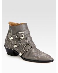 Chloé | Gray Studded Leather Buckle Ankle Boots | Lyst