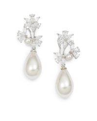 Majorica | 12mm White Pear Pearl Sterling Silver Floral Drop Earrings | Lyst