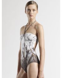 Gucci | Natural Saddlery Print Gathered Bandeau One-piece Swimsuit | Lyst