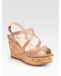 Prada | Natural Patent Leather and Cork Wedge Sandals | Lyst