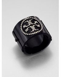 Tory Burch | Black Pavé Crystal Logo Resin Cuff Bracelet | Lyst
