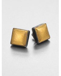 Gurhan | Metallic Amulet 24K Yellow Gold & Blackened Sterling Silver Square Button Earrings | Lyst