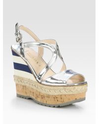 Prada | Metallic Leather Espadrille Wedge Sandals | Lyst