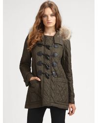 Burberry brit Fur-trimmed Quilted Duffle Coat in Brown | Lyst