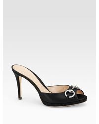 Gucci | Black Hollywood Leather Horsebit Peep Toe Sandals | Lyst