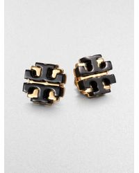 Tory Burch | Black Enamel Large Logo Stud Earrings | Lyst