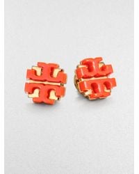 Tory Burch | Orange Enamel Large Logo Stud Earrings | Lyst