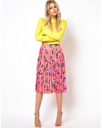 ASOS | Pink Pleated Midi Skirt in Floral Print | Lyst