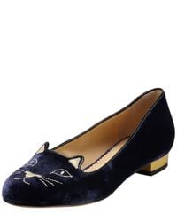 Charlotte Olympia | Black Navy Blue Velvet Kitty Flats | Lyst