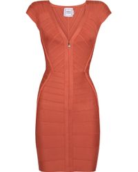 Hervé Léger Orange Zip-front Bandage Dress