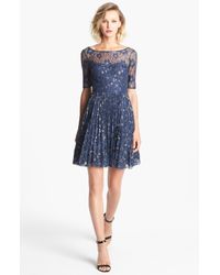 Betsey johnson Metallic Lace Fit Flare Dress in Blue (Navy) | Lyst