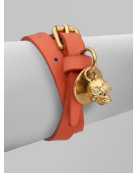 Alexander McQueen | Orange Leather Skull Wrap Bracelet | Lyst