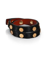 Tory Burch | Black Riveted Double Wrap Calf Hair Bracelet | Lyst