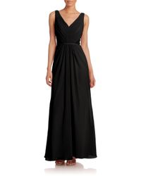 Monique Lhuillier Bridesmaids | Black Pleated Chiffon Lace-back Gown | Lyst