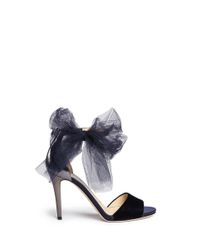 Jimmy Choo | Blue 'Lilyth 100' Tulle Bow Velvet Sandals | Lyst
