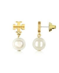 Tory Burch - Metallic Logo Gold Tone Pearl Drop Earring - Lyst
