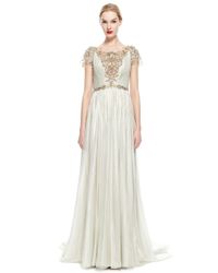 Marchesa | Gray Hand Pleated Silver Foil Embroidered Chiffon Gown | Lyst