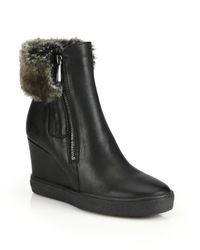 Aquatalia | Black Caroline Leather & Faux Fur Wedge Booties | Lyst