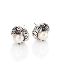 John Hardy | Metallic Naga 105mm11mm White Freshwater Pearl Black Sapphire Ruby Sterling Silver Dragon Stud Earrings | Lyst