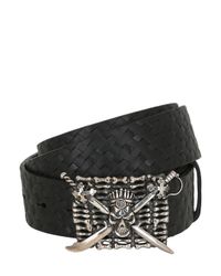 John Richmond | Black Skull Buckle On Woven Leather Belt for Men | Lyst