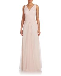 Monique Lhuillier Bridesmaids | Pink Pleated Tulle V-neck Gown | Lyst