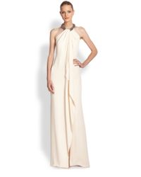 Carmen Marc Valvo | White Jeweled Cascade-front Crepe Gown | Lyst