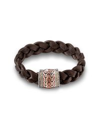 John Hardy | Pink Bronze Station Bracelet On Braided Brown Leather Cord for Men | Lyst