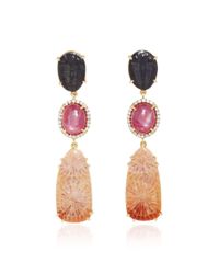 Pamela Huizenga | Multicolor 18K Gold Earrings With Fossilized Coral, Star Ruby, Trilobite Fossil, And Diamonds | Lyst