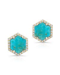 Anne Sisteron - Blue 14kt Yellow Gold Turquoise Diamond Hexagon Stud Earrings - Lyst