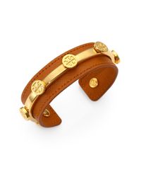 Tory Burch | Metallic Leather Logo Cuff Bracelet | Lyst