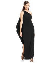 betsy and adam chiffon cape gown
