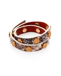 Tory Burch | Gray Snake Embossed-leather Double-wrap Logo Bracelet | Lyst