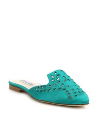 Oscar de la Renta | Green Lena Embroidered Cutout Satin Mules | Lyst