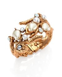 Oscar de la Renta | Metallic Swarovski Crystal Faux Pearl Coral Branch Cuff Bracelet | Lyst