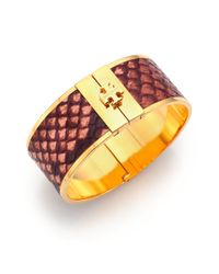 Tory Burch | Metallic Skinny Snake-Embossed Leather Inlay Cuff Bracelet | Lyst