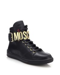 Moschino | Black Logo Ankle Strap Leather High-top Sneakers for Men | Lyst