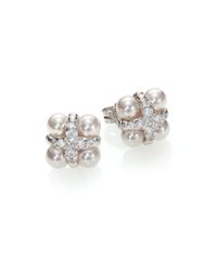 Majorica | 5mm White Pearl & Sterling Silver Pave Cluster Stud Earrings | Lyst
