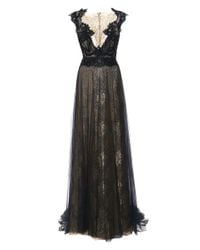 Marchesa | Black Engineered Metallic Lace Column Gown with Tulle Overlay | Lyst