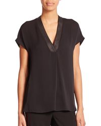 Vince | Black Leather-trim Silk Blouse | Lyst