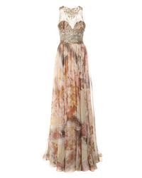 Marchesa | Pink Gold Foil Printed Floral Chiffon Gown | Lyst